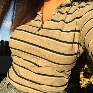 Gray long sleeve blue/green/white striped half-zip